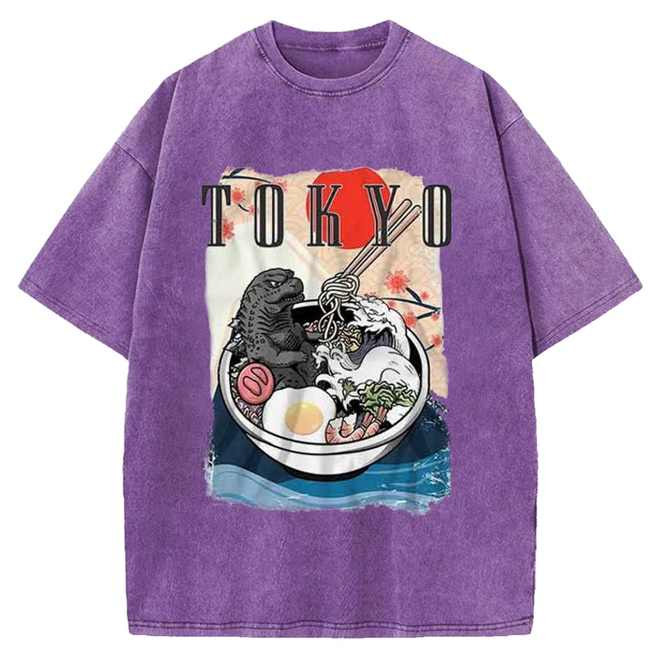 Godzilla Eats Japanese Ramen Washed Crew Neck T-Shirt