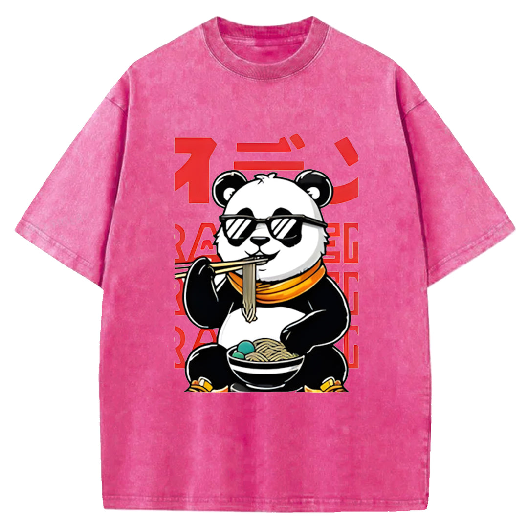 Panda Eating Ramen Wash Crew Neck T-Shirt