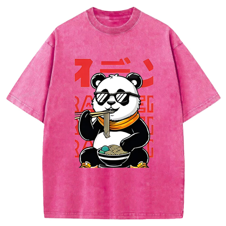 Panda Eating Ramen Wash Crew Neck T-Shirt