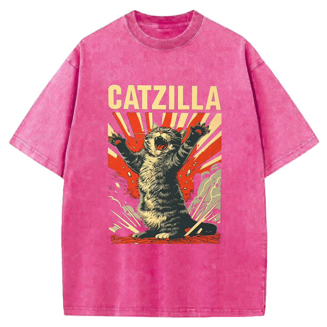 Catzilla Funny Design Washed Crew Neck T-Shirt