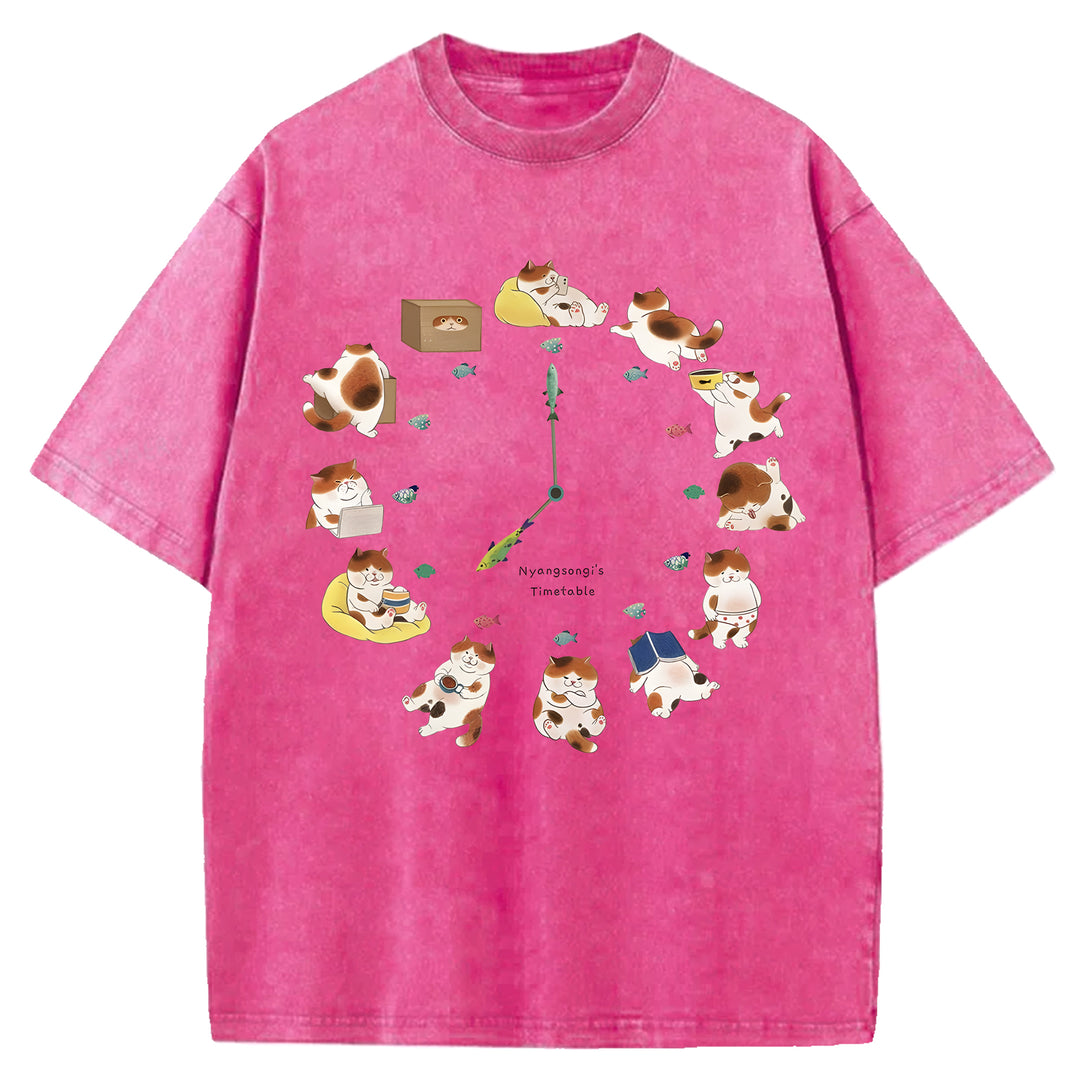 Cat Timetable Washed Crew Neck T-Shirt