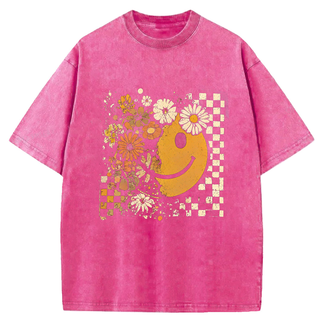 Smiley Face Floral Washed Crew Neck T-shirt