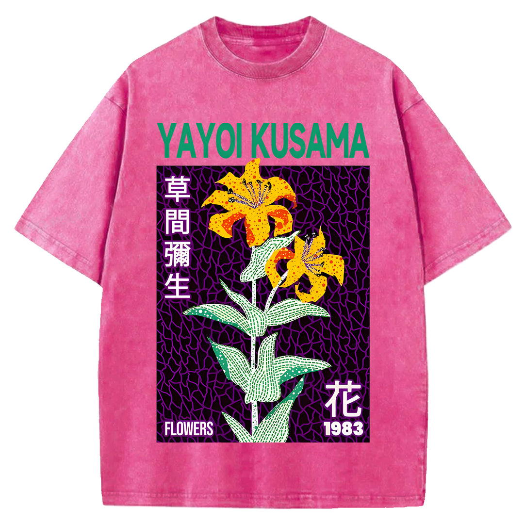 Yayoi Kusama Flowers Vintage Design Washed Crew Neck T-Shirt