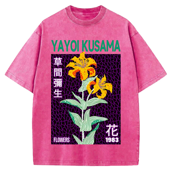 Yayoi Kusama Flowers Vintage Design Washed Crew Neck T-Shirt