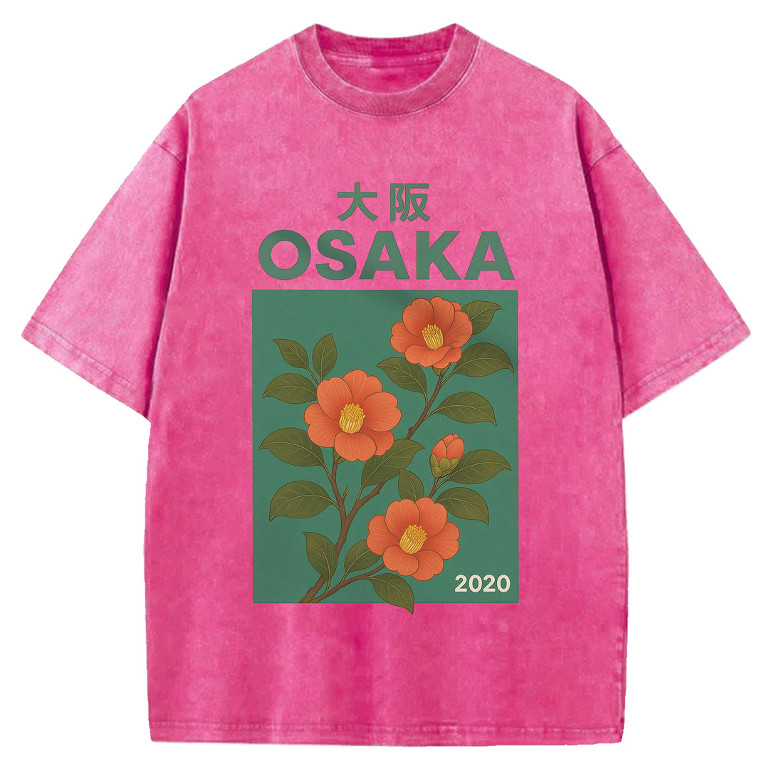 Osaka Flowers Design Washed Crew Neck T-Shirt