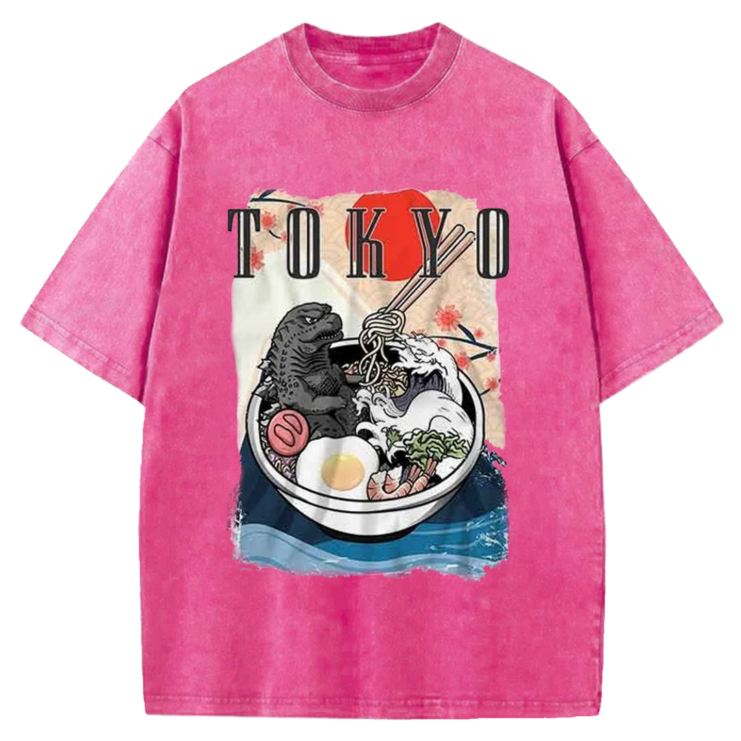 Godzilla Eats Japanese Ramen Washed Crew Neck T-Shirt