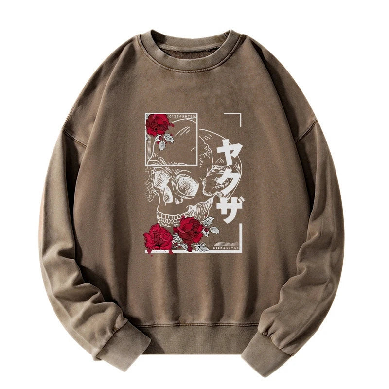 Skull Roses Japanese Aesthetic Washed Sweatshirt