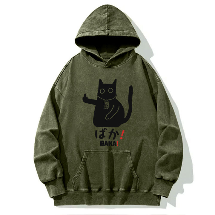 Japanese Baka Cat  Washed Hoodie