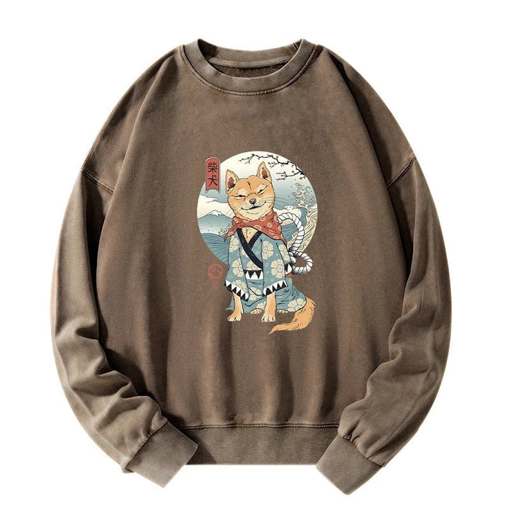 Samurai Shiba Dog Japanese Washed Sweatshirt