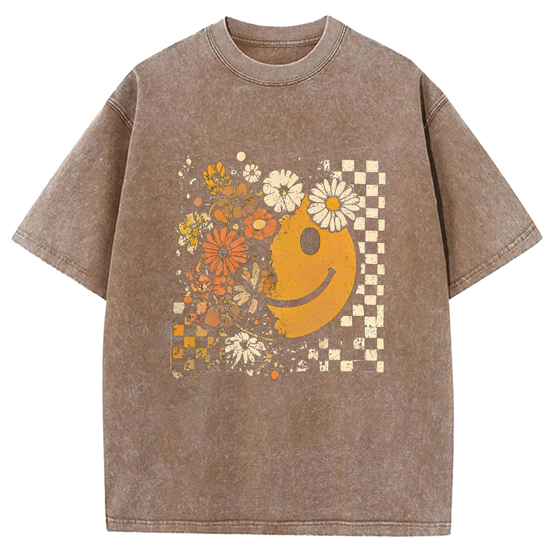 Smiley Face Floral Washed Crew Neck T-shirt