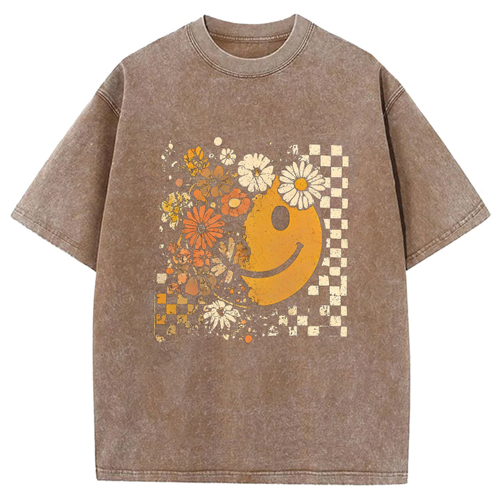 Smiley Face Floral Washed Crew Neck T-shirt