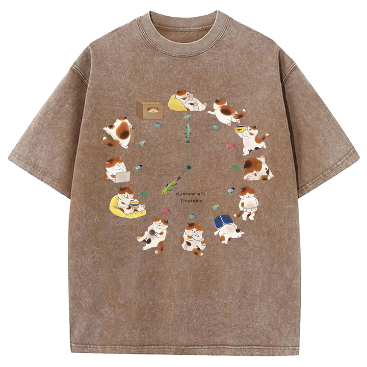 Cat Timetable Washed Crew Neck T-Shirt