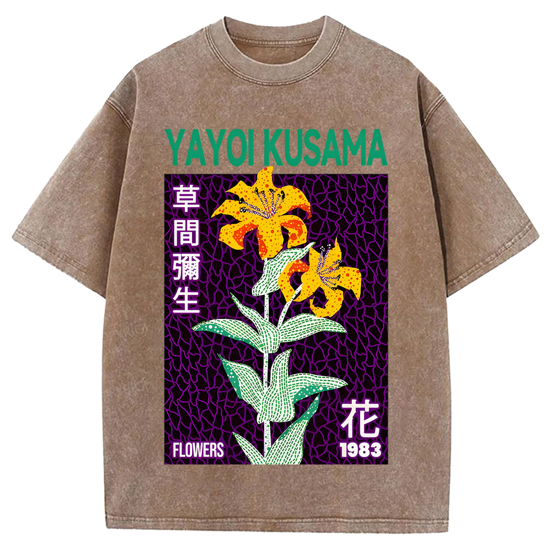 Yayoi Kusama Flowers Vintage Design Washed Crew Neck T-Shirt