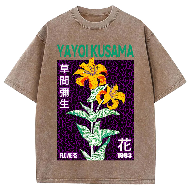 Yayoi Kusama Flowers Vintage Design Washed Crew Neck T-Shirt
