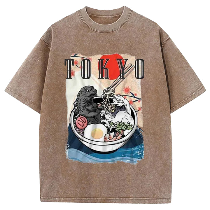 Godzilla Eats Japanese Ramen Washed Crew Neck T-Shirt
