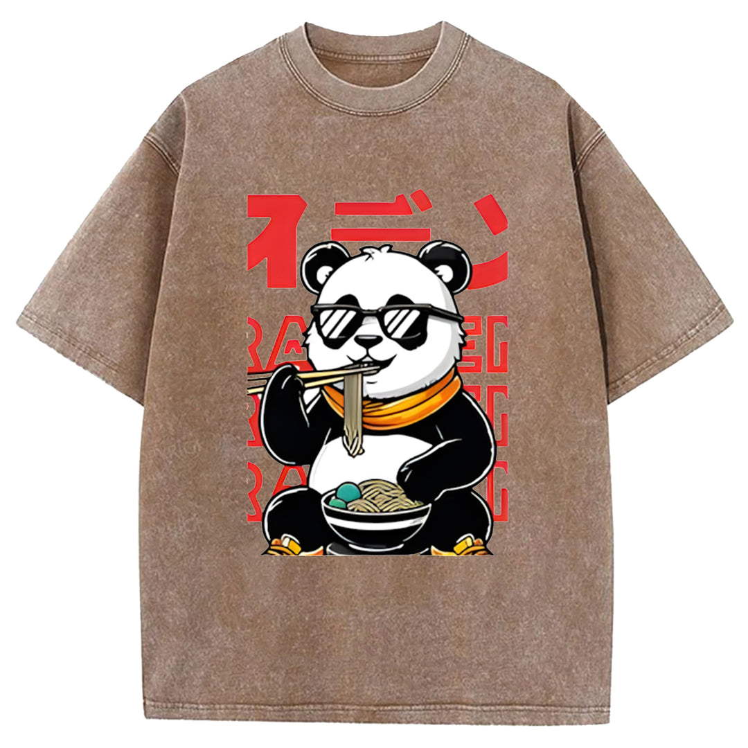 Panda Eating Ramen Wash Crew Neck T-Shirt