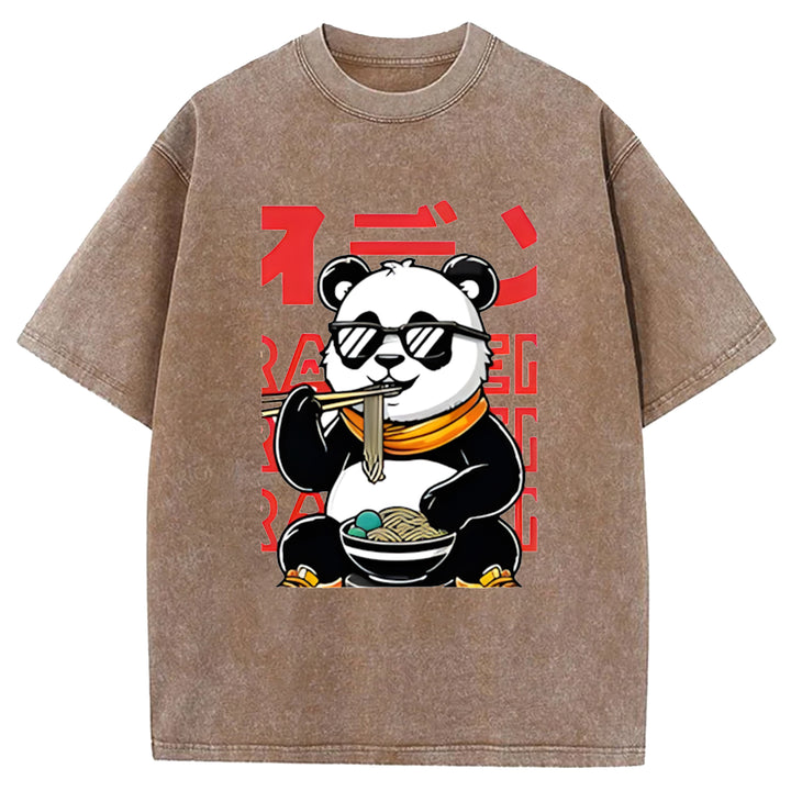 Panda Eating Ramen Wash Crew Neck T-Shirt