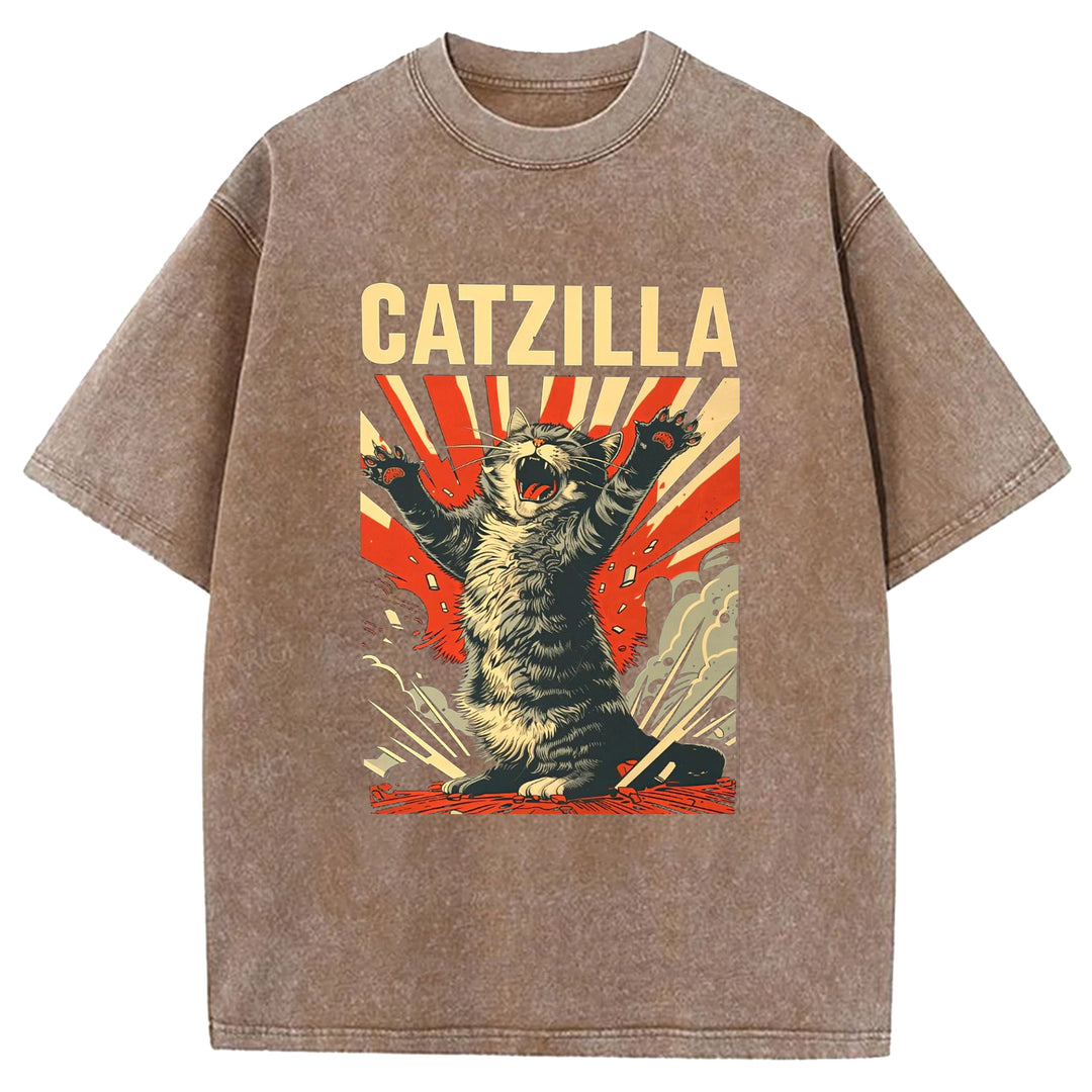 Catzilla Funny Design Washed Crew Neck T-Shirt