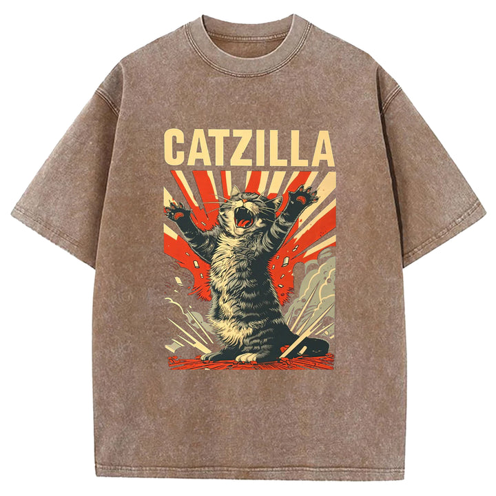 Catzilla Funny Design Washed Crew Neck T-Shirt