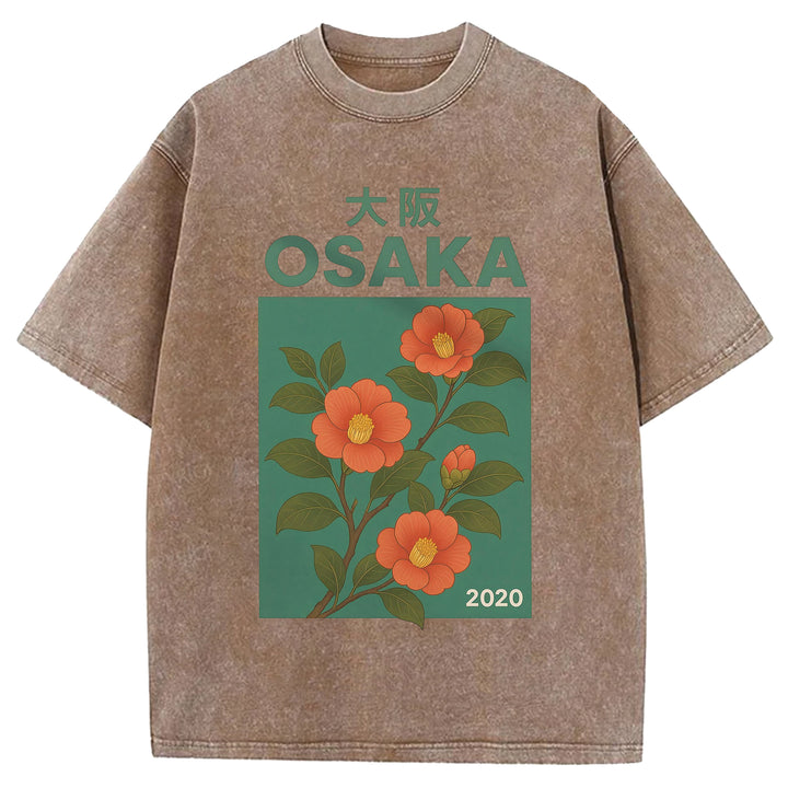 Osaka Flowers Design Washed Crew Neck T-Shirt
