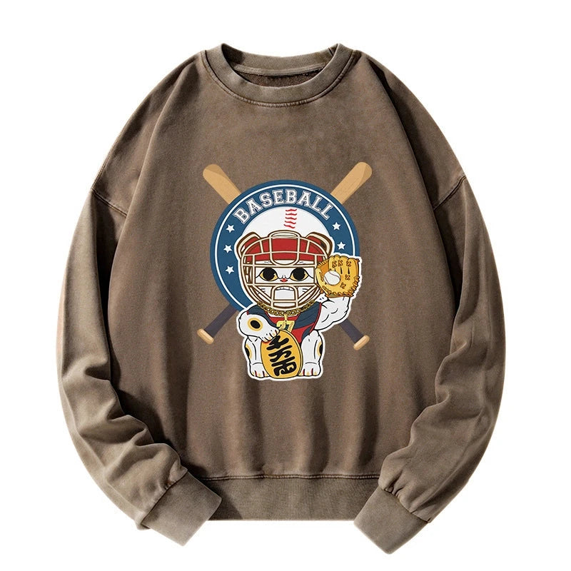 Janpaese Baseball Cat Washed Sweatshirt
