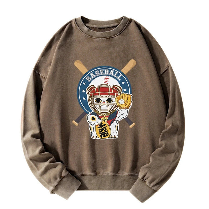 Janpaese Baseball Cat Washed Sweatshirt