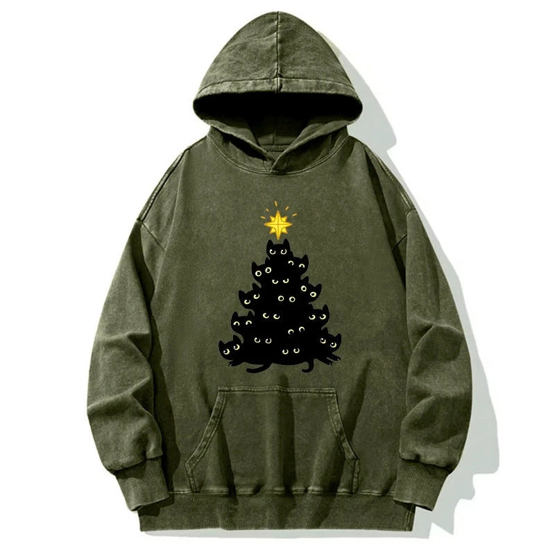 Black Cat Christmas Tree Washed Hoodie