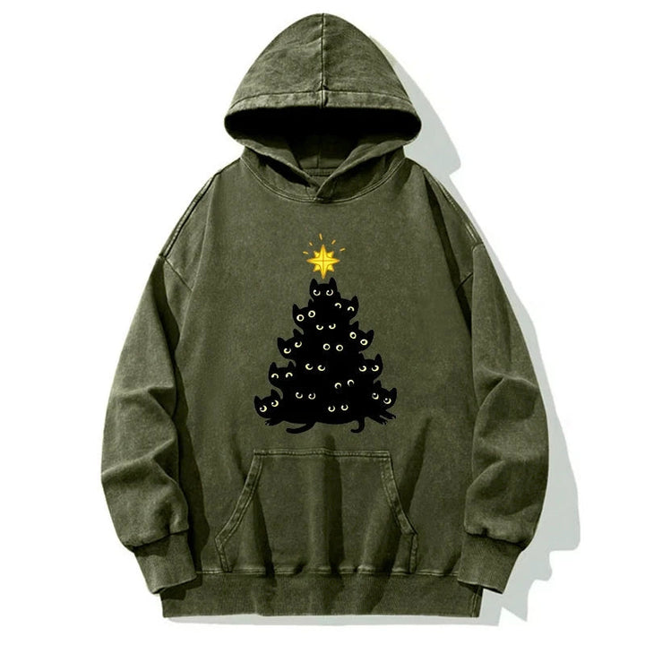 Black Cat Christmas Tree Washed Hoodie