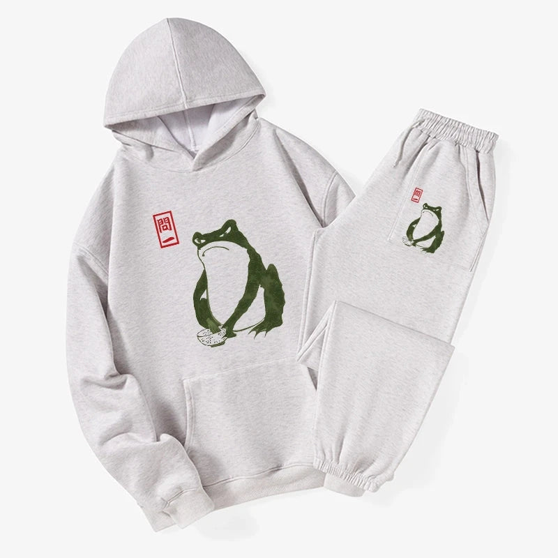 Woodblock Print Frog Fleece Lined Hoodie Set