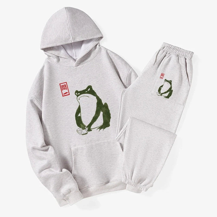 Woodblock Print Frog Fleece Lined Hoodie Set