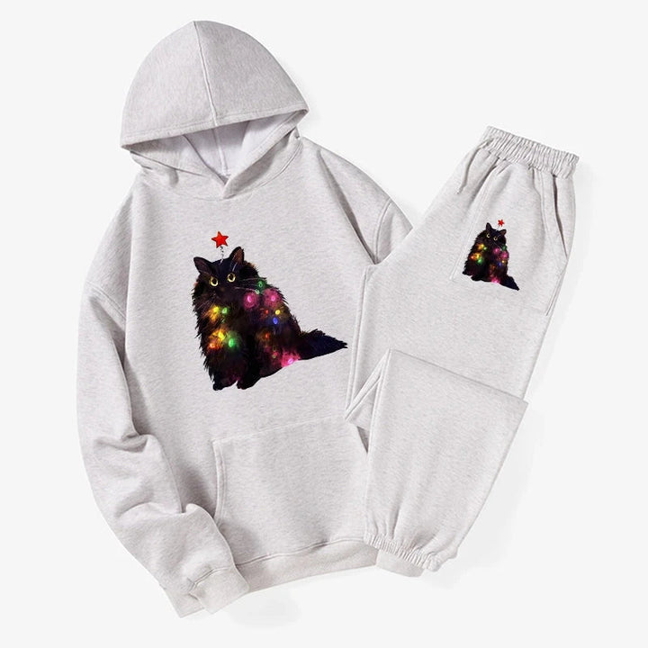 Christmas Lights Cat Fleece Lined Hoodie Set