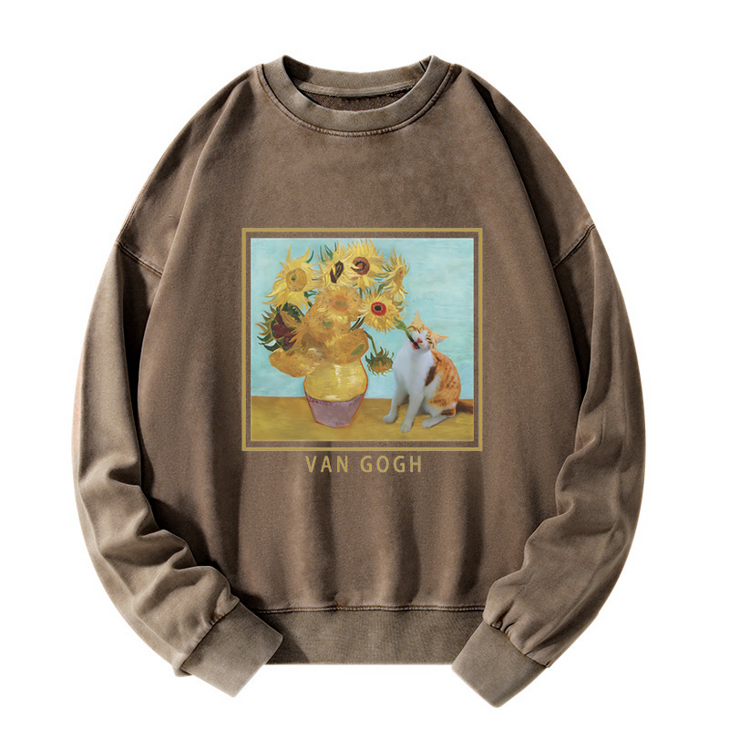 Naughty Cat Biting Sunflower Washed Sweatshirt
