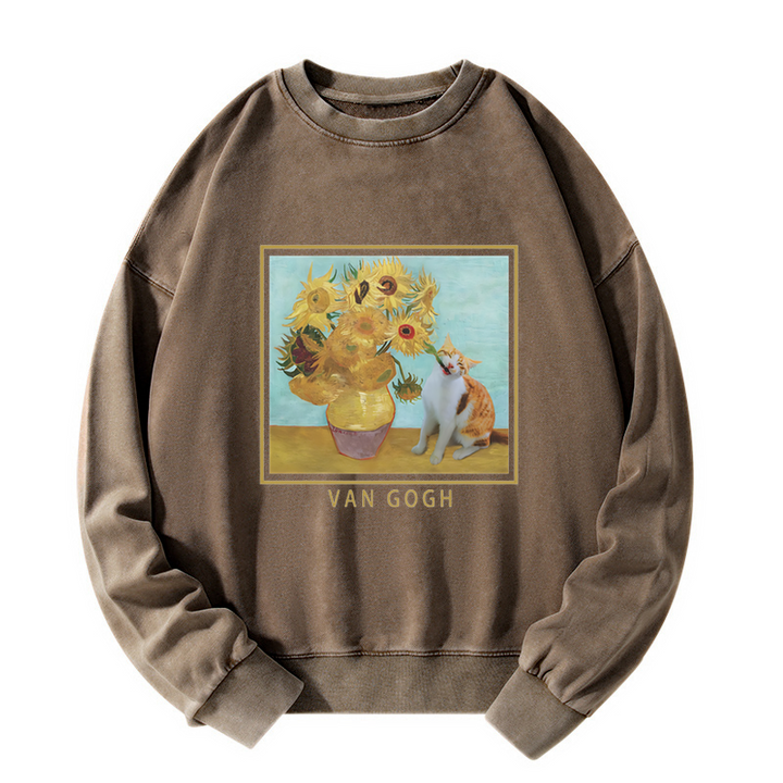 Naughty Cat Biting Sunflower Washed Sweatshirt