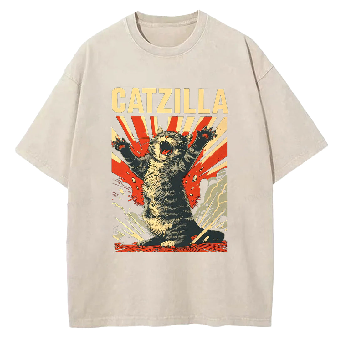 Catzilla Funny Design Washed Crew Neck T-Shirt
