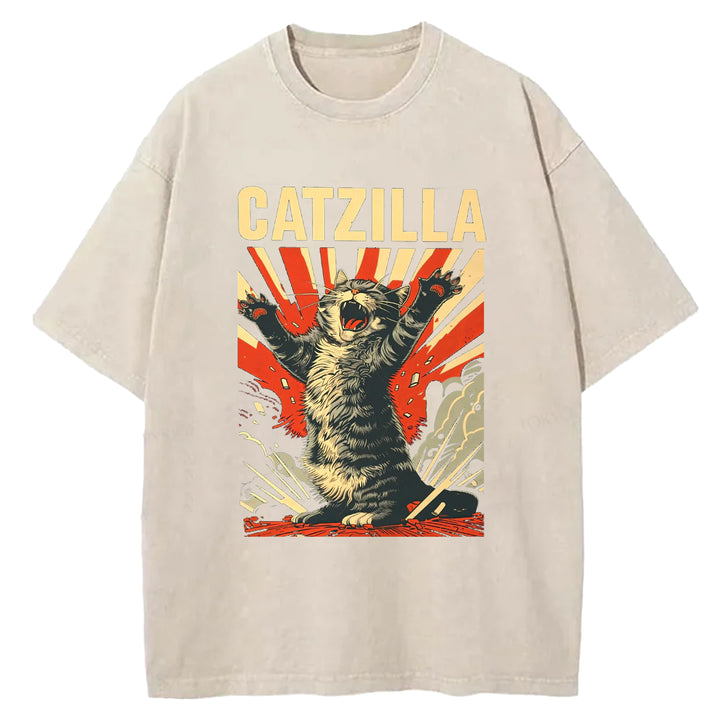 Catzilla Funny Design Washed Crew Neck T-Shirt