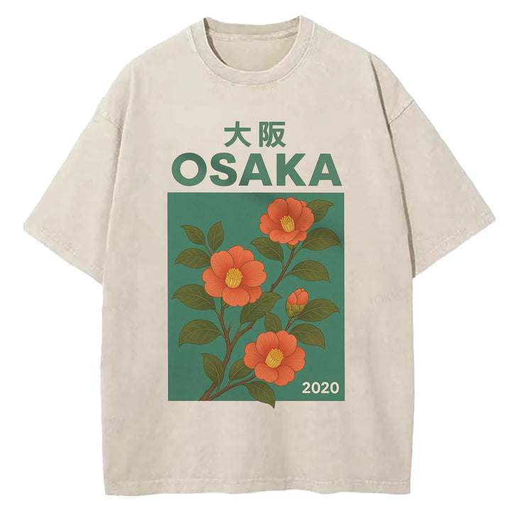 Osaka Flowers Design Washed Crew Neck T-Shirt