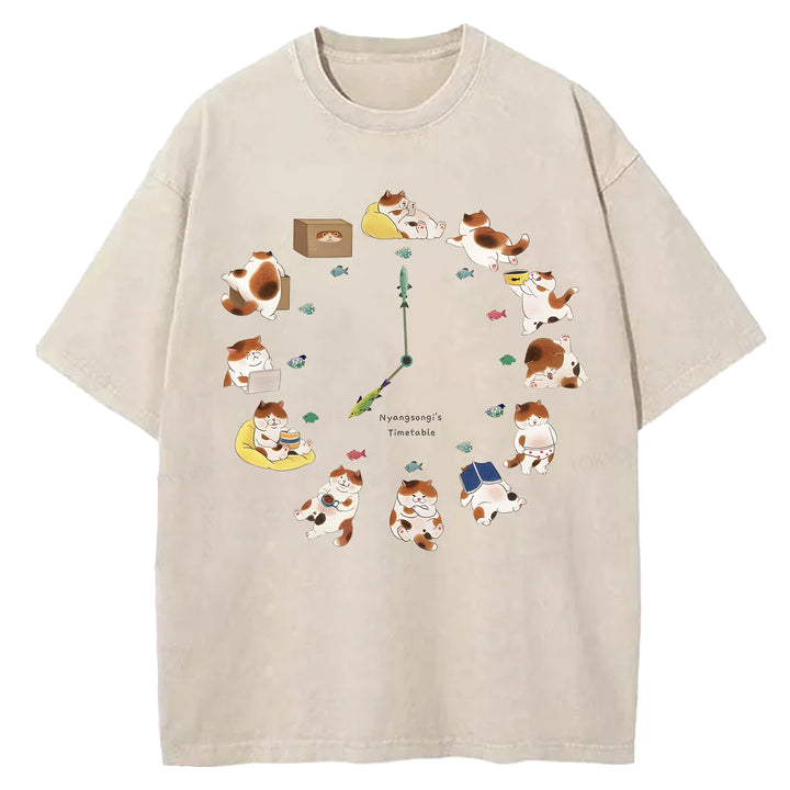 Cat Timetable Washed Crew Neck T-Shirt