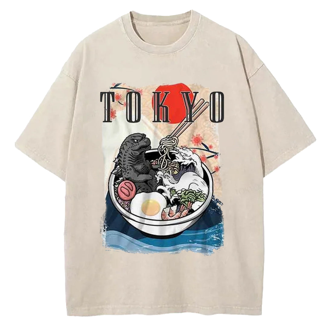Godzilla Eats Japanese Ramen Washed Crew Neck T-Shirt