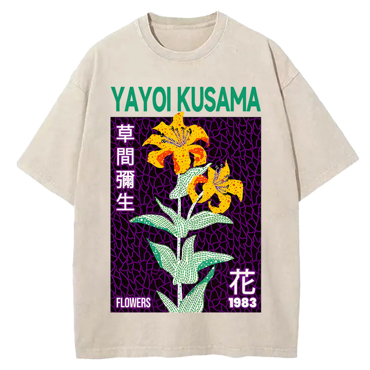 Yayoi Kusama Flowers Vintage Design Washed Crew Neck T-Shirt