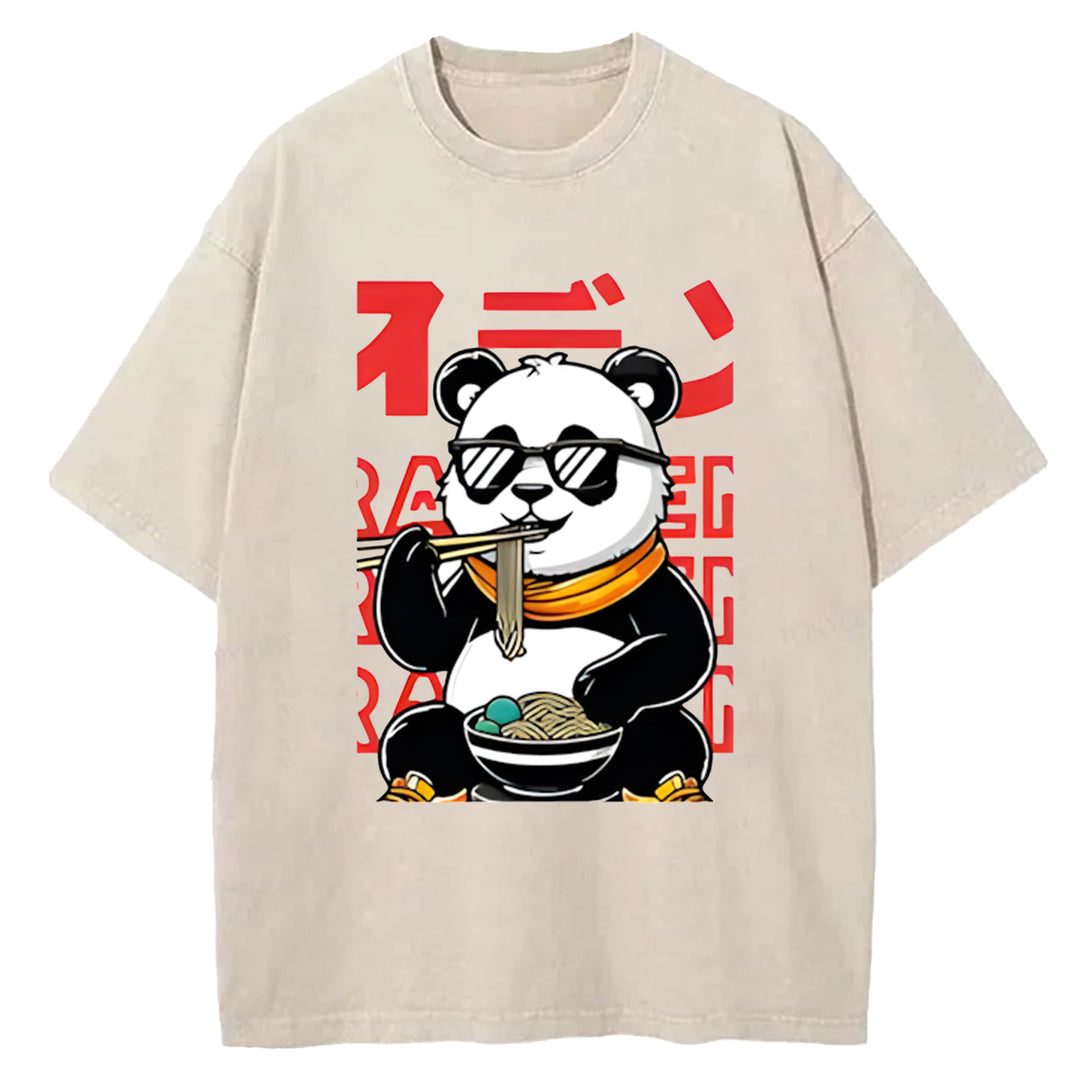 Panda Eating Ramen Wash Crew Neck T-Shirt