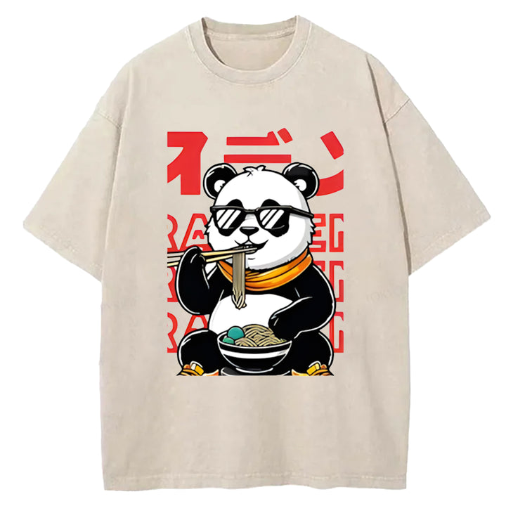 Panda Eating Ramen Wash Crew Neck T-Shirt