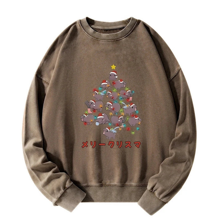 Moo Deng Christmas Tree Japanese Washed Sweatshirt