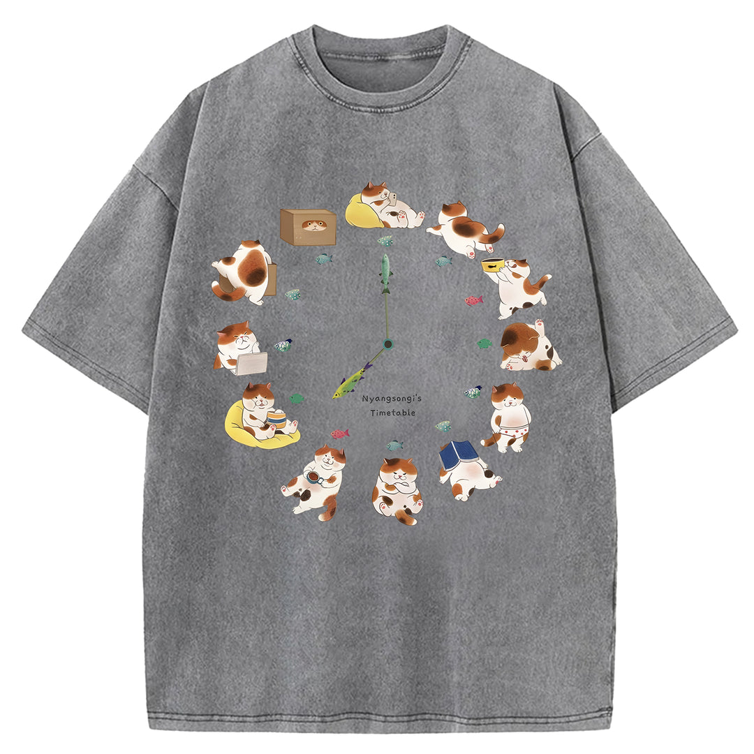 Cat Timetable Washed Crew Neck T-Shirt