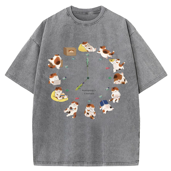 Cat Timetable Washed Crew Neck T-Shirt