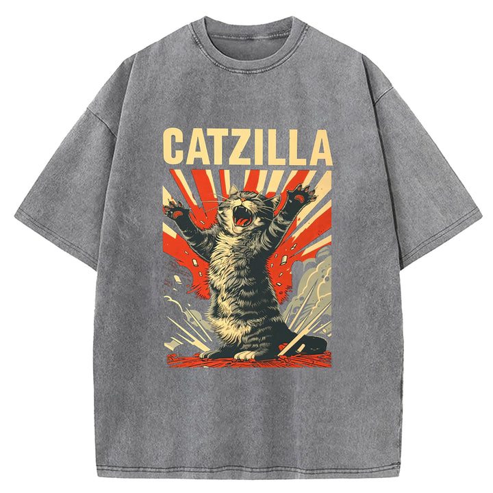 Catzilla Funny Design Washed Crew Neck T-Shirt