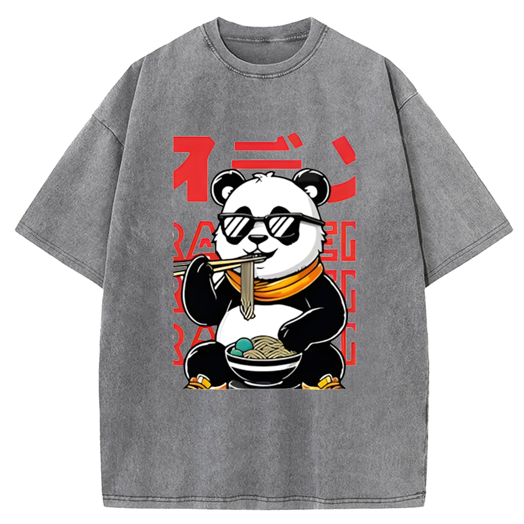 Panda Eating Ramen Wash Crew Neck T-Shirt