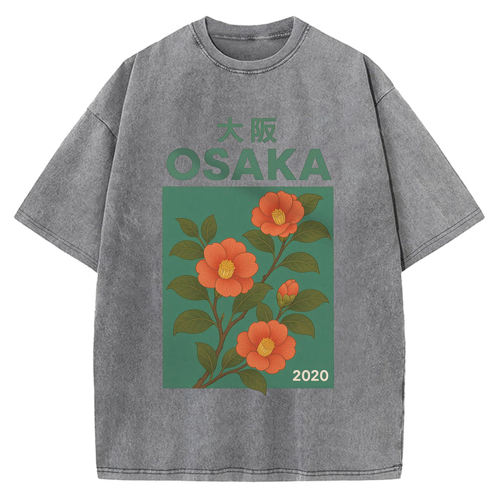 Osaka Flowers Design Washed Crew Neck T-Shirt