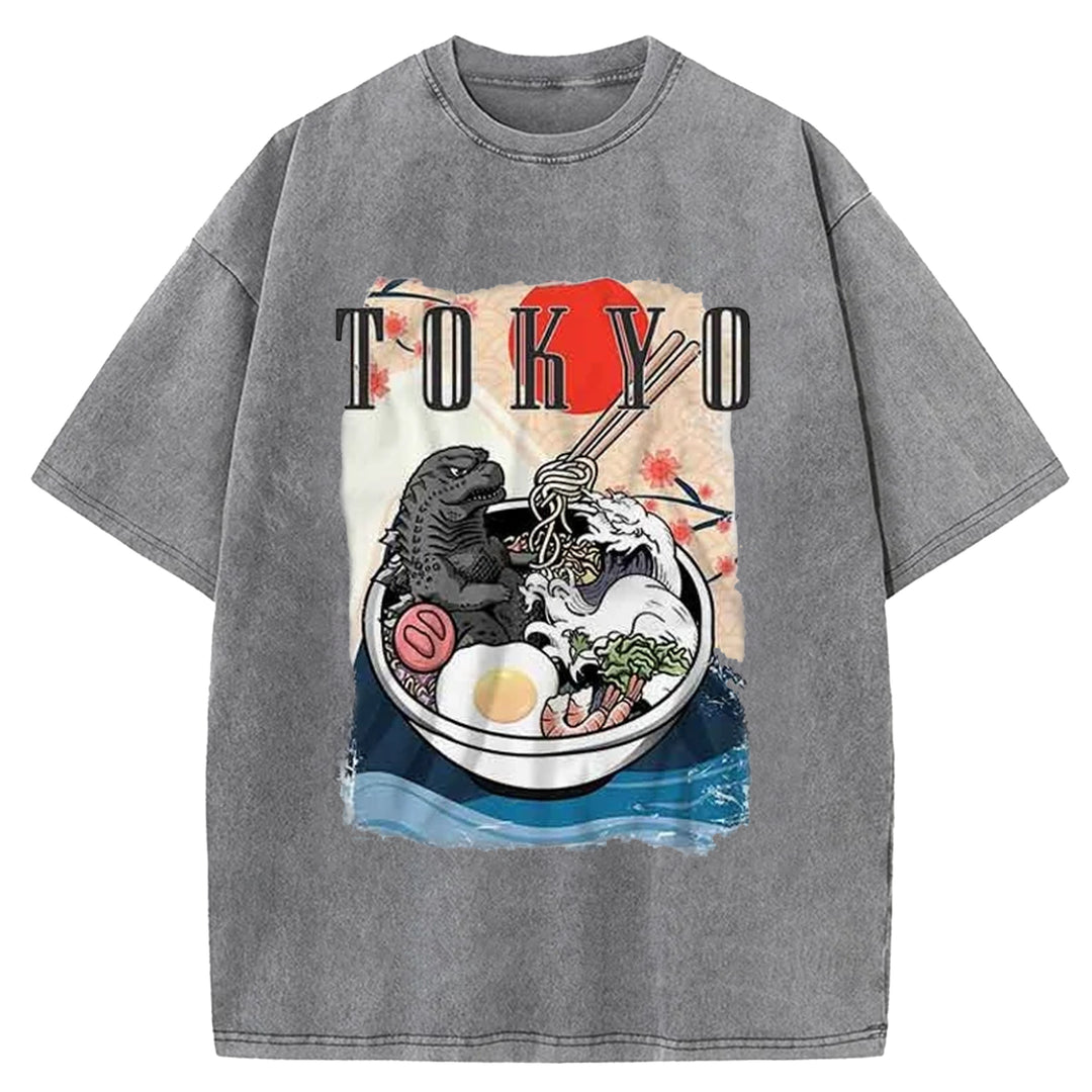Godzilla Eats Japanese Ramen Washed Crew Neck T-Shirt
