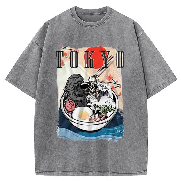 Godzilla Eats Japanese Ramen Washed Crew Neck T-Shirt