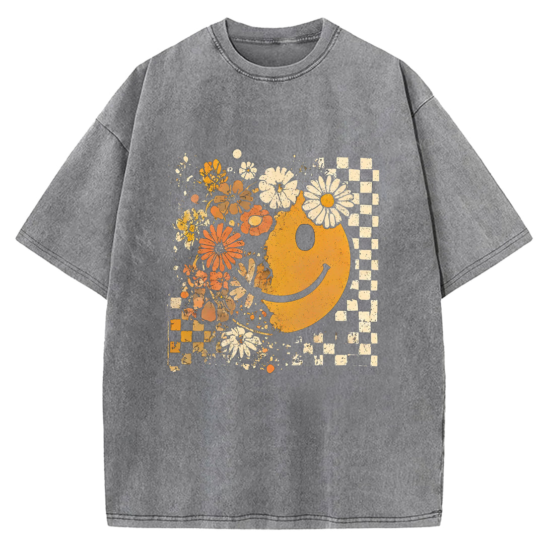 Smiley Face Floral Washed Crew Neck T-shirt
